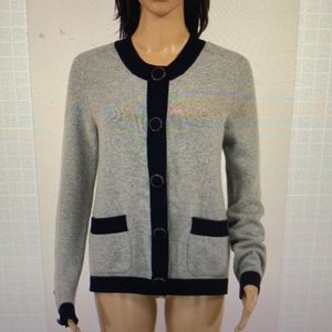 Chanel 100% cashmere gray w/navy trim cardigan sweater 2015 Pre-Fall (Salzburg)